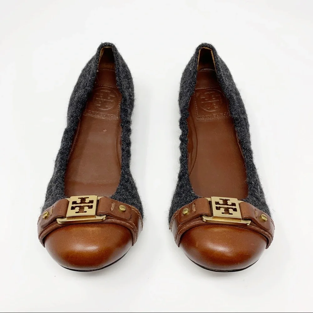 Tory Burch Brown Leather & Charcoal Wool Logo Ballet Flats